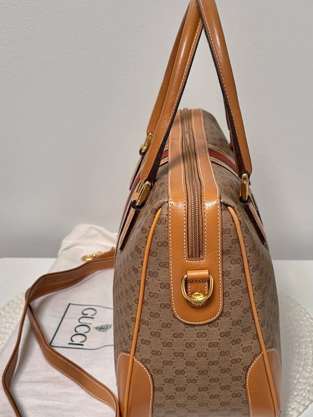 Gucci Tan GG Supreme 2-Way Satchel Boston Bag w/Green-Red Web Stripe Vintage